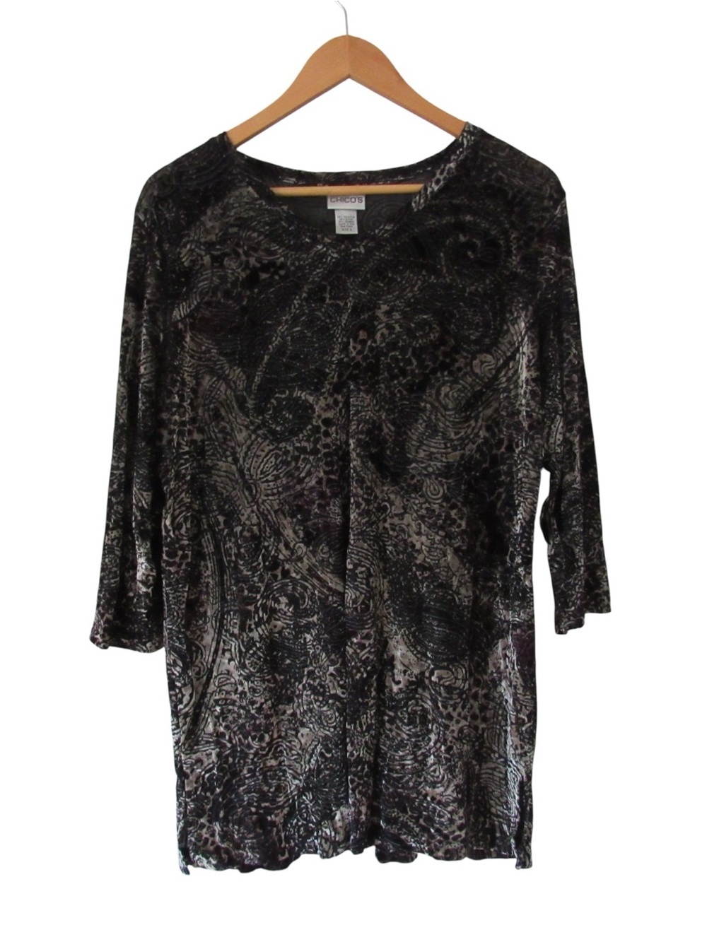 Chicos Velvet Burnout Tunic Top 2 Large Black Artsy 3/4 Sleeves Boho Stretch